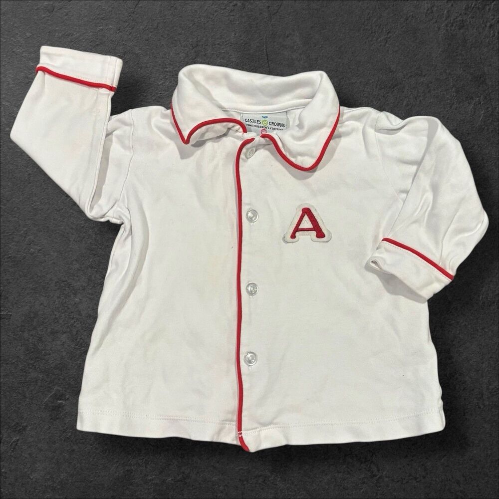 Castles & Crowns Pajama Sleep Shirt White Red Piped A Monogram 6–9M Play